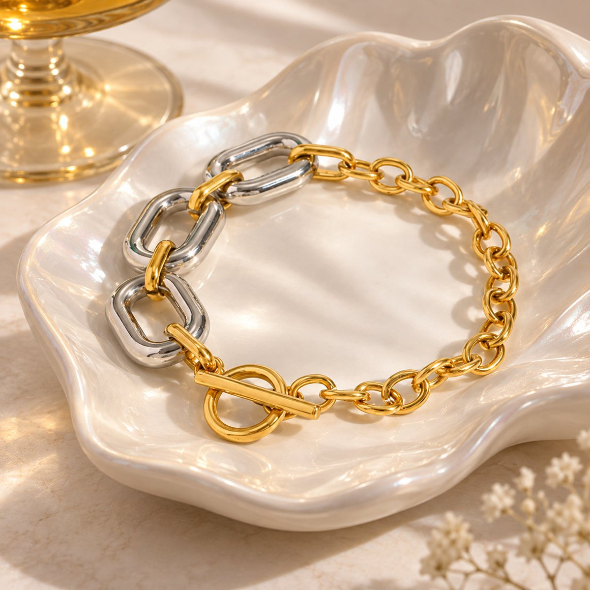Titanyum Çelik Gold Silver Toggle Bileklik