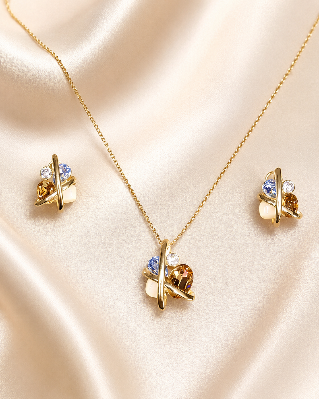 14K Altın Kaplama Premium Kristal Kolye ve Küpe Seti