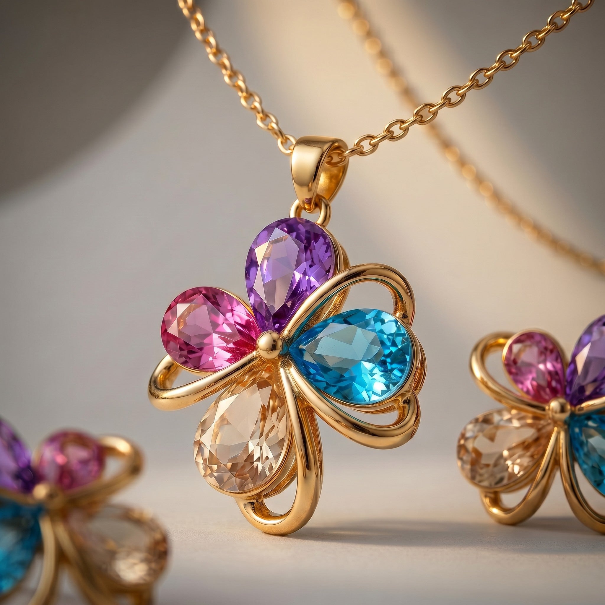 14K Altın Kaplama Renkli Kristal Çiçek Kolye ve Küpe Seti