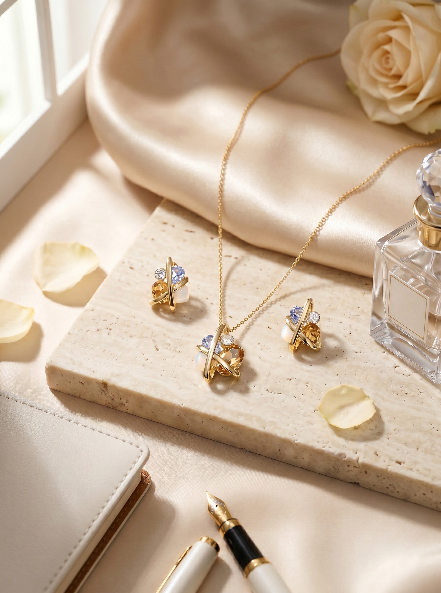 14K Altın Kaplama Premium Kristal Kolye ve Küpe Seti