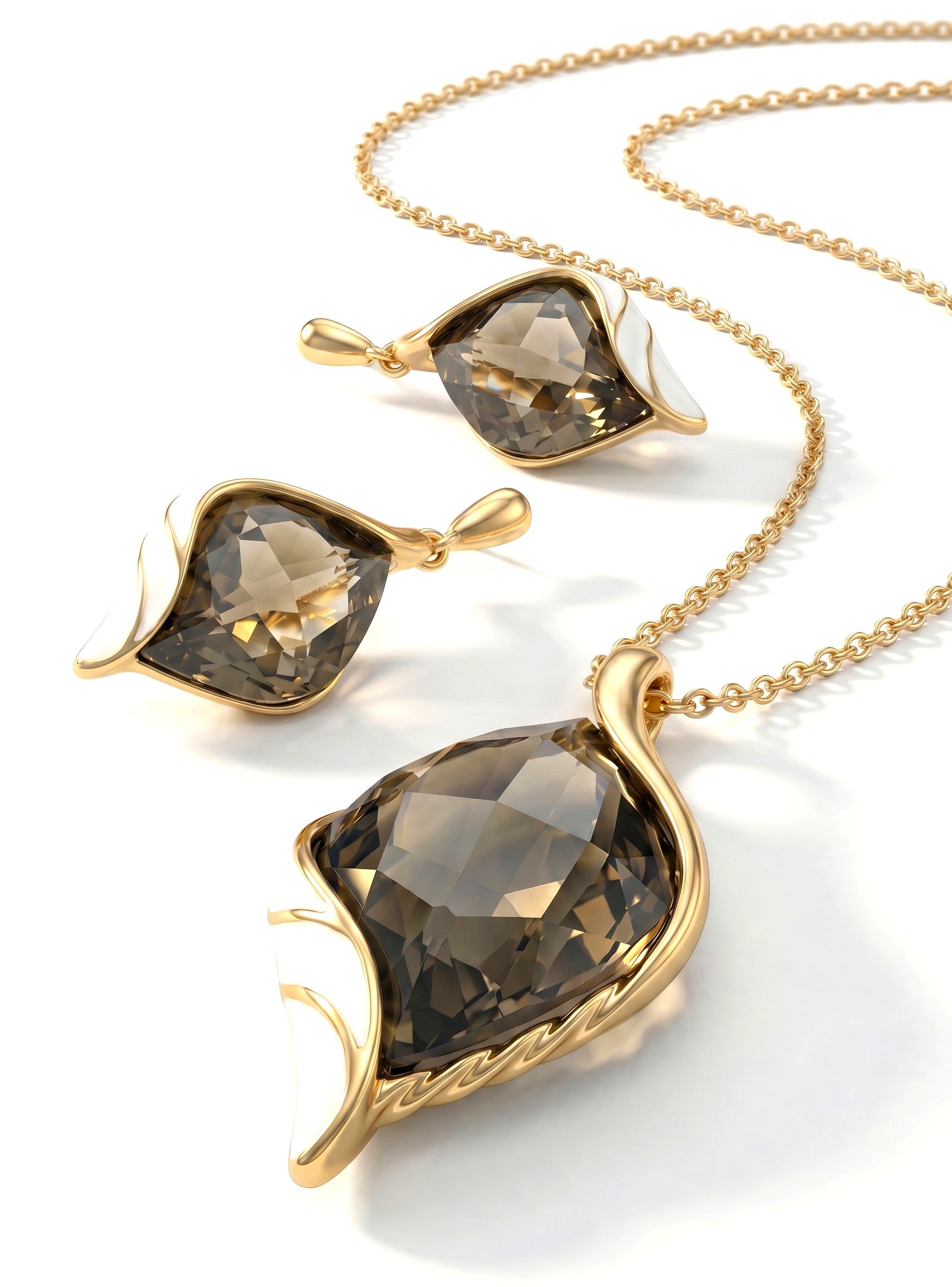 14K Altın Kaplama Premium Kristal Kolye ve Küpe Seti – Füme Taş Detaylı