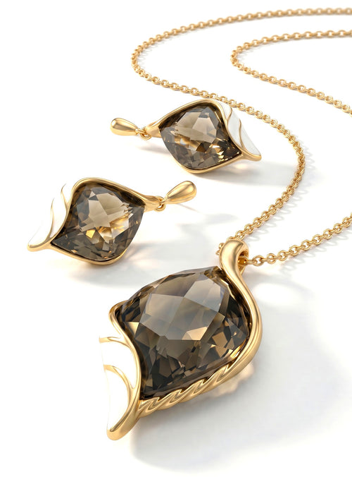 14K Altın Kaplama Premium Kristal Kolye ve Küpe Seti – Füme Taş Detaylı