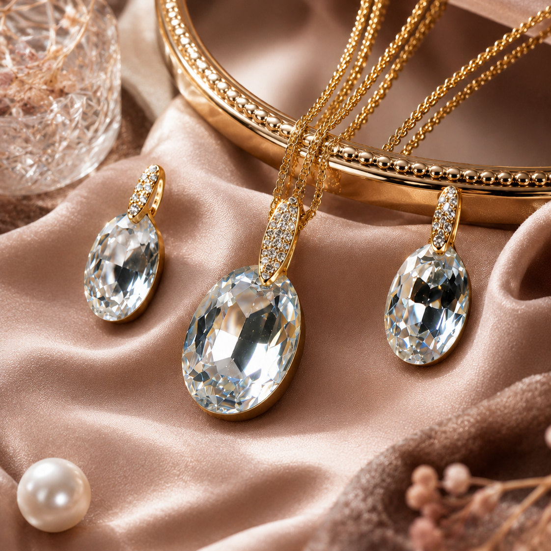 Oval Kesim Kristal Kolye ve Küpe Seti