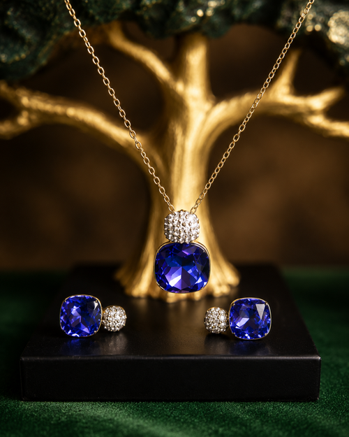 14K Altın Kaplama Mavi Premium Kristal Kolye ve Küpe Seti